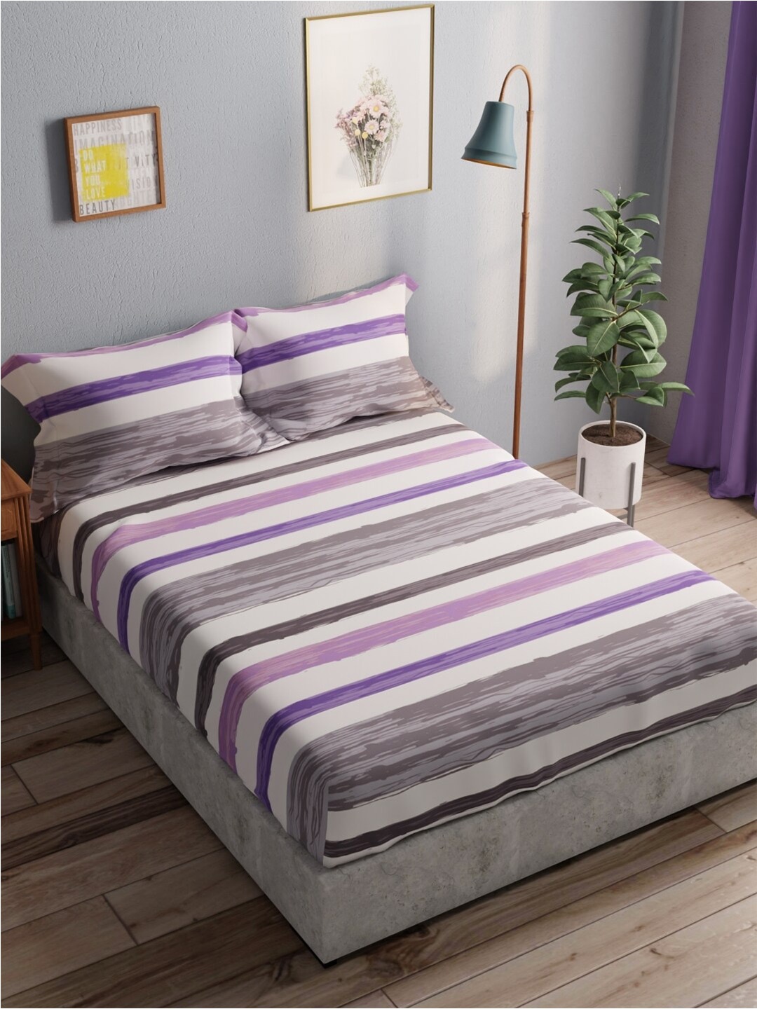 

BIANCA Grey & Purple Striped Pure Cotton 140 TC Queen Bedsheet With 2 Pillow Covers
