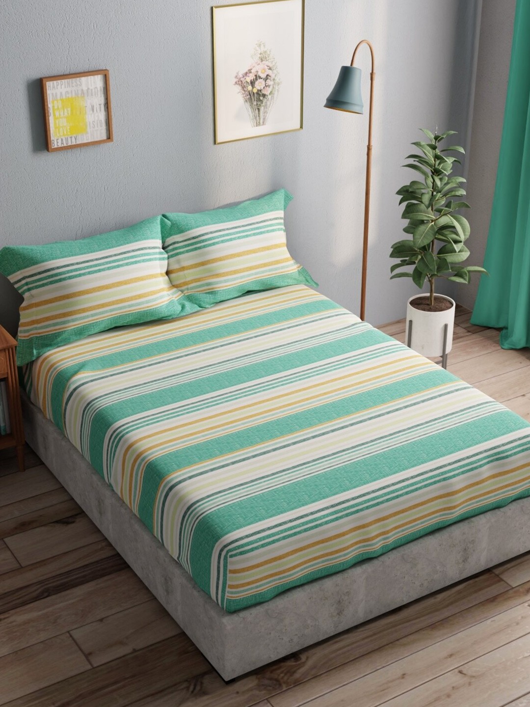 

BIANCA Green & Cream-Coloured Pure Cotton 140 TC Queen Bedsheet with 2 Pillow Covers