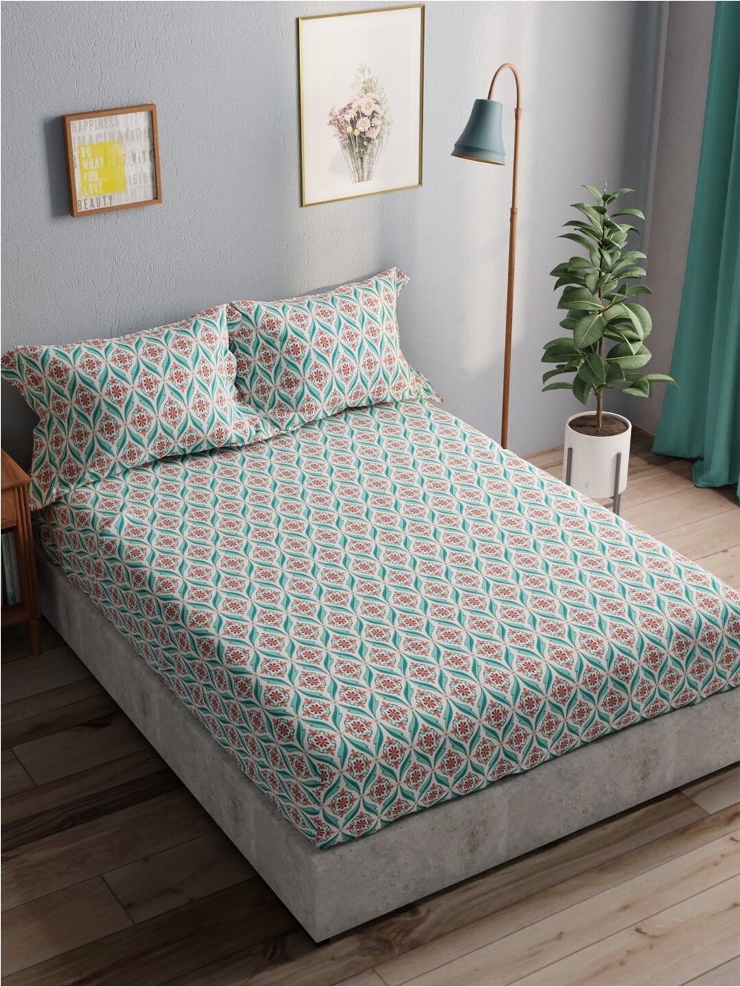 

BIANCA Amolina Teal & White Printed Cotton 140 TC Queen Bedsheet with 2 Pillow Covers