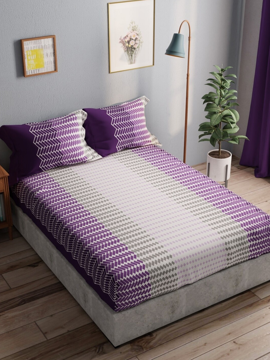 

BIANCA Amolina Purple & White Printed Cotton 140 TC Queen Bedsheet with 2 Pillow Covers