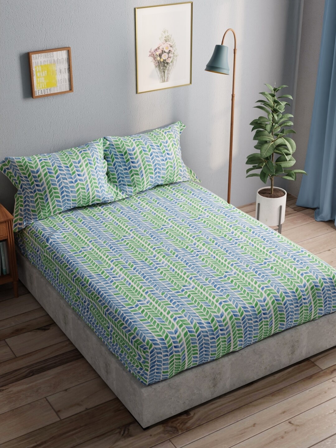 

BIANCA Blue & Green Geometric Pure Cotton 140 TC Queen Bedsheet With 2 Pillow Covers