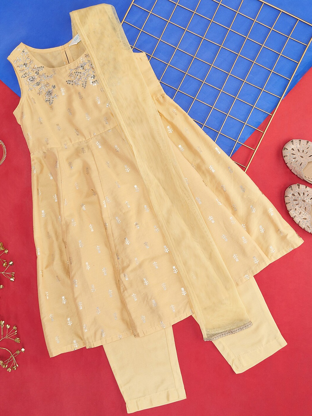 

AKKRITI BY PANTALOONS Girls Floral Embroidered Sequinned A-Line Kurta & Trousers & Dupatta, Mustard