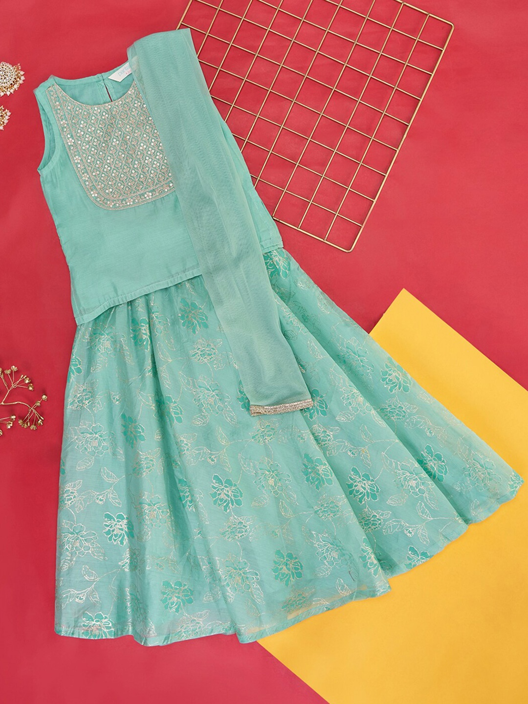 

AKKRITI BY PANTALOONS Girls Embroidered Zari Ready to Wear Lehenga & Blouse With Dupatta, Teal