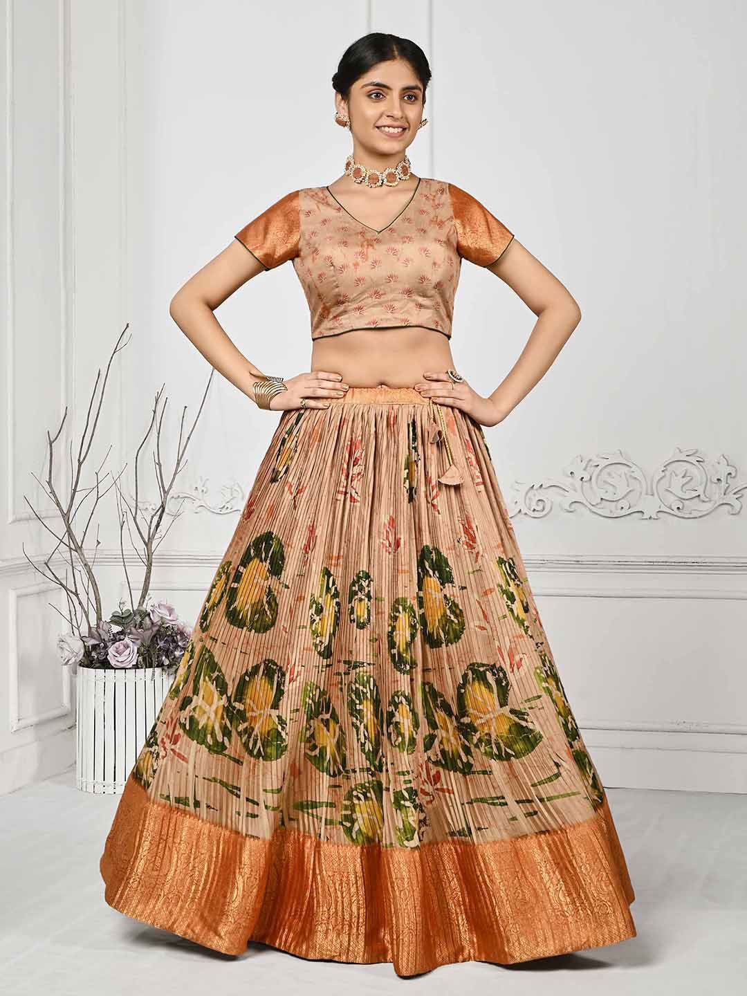 

SAPTRANGI Printed Ready to Wear Lehenga & Blouse With Dupatta, Orange