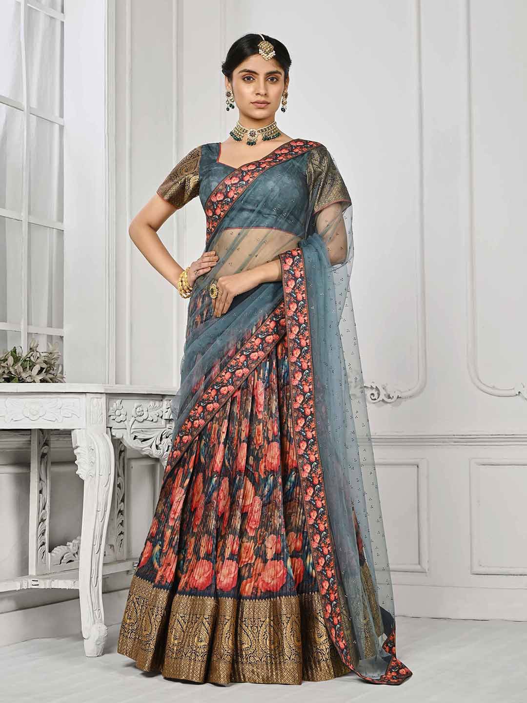 

SAPTRANGI Printed Ready to Wear Lehenga & Blouse With Dupatta, Grey