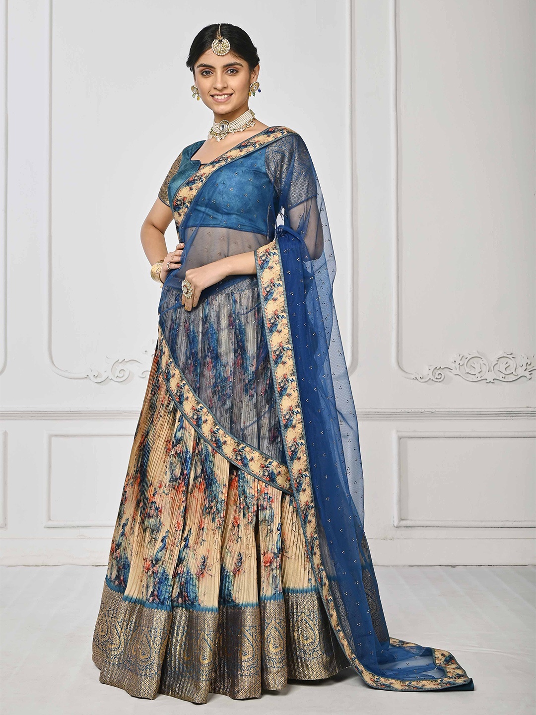 

SAPTRANGI Printed Ready to Wear Lehenga & Blouse With Dupatta, Blue