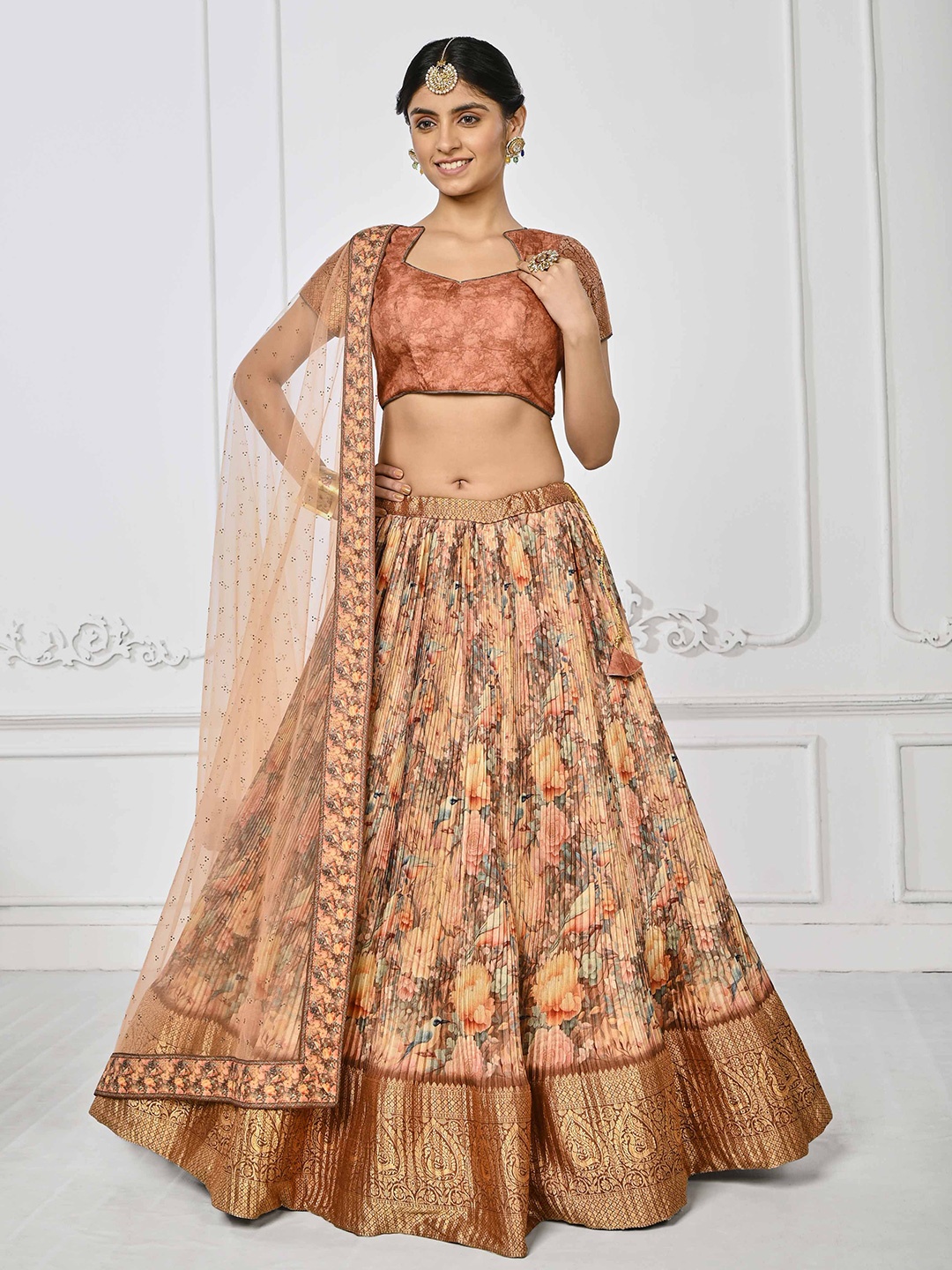 

SAPTRANGI Printed Ready to Wear Lehenga & Blouse With Dupatta, Brown