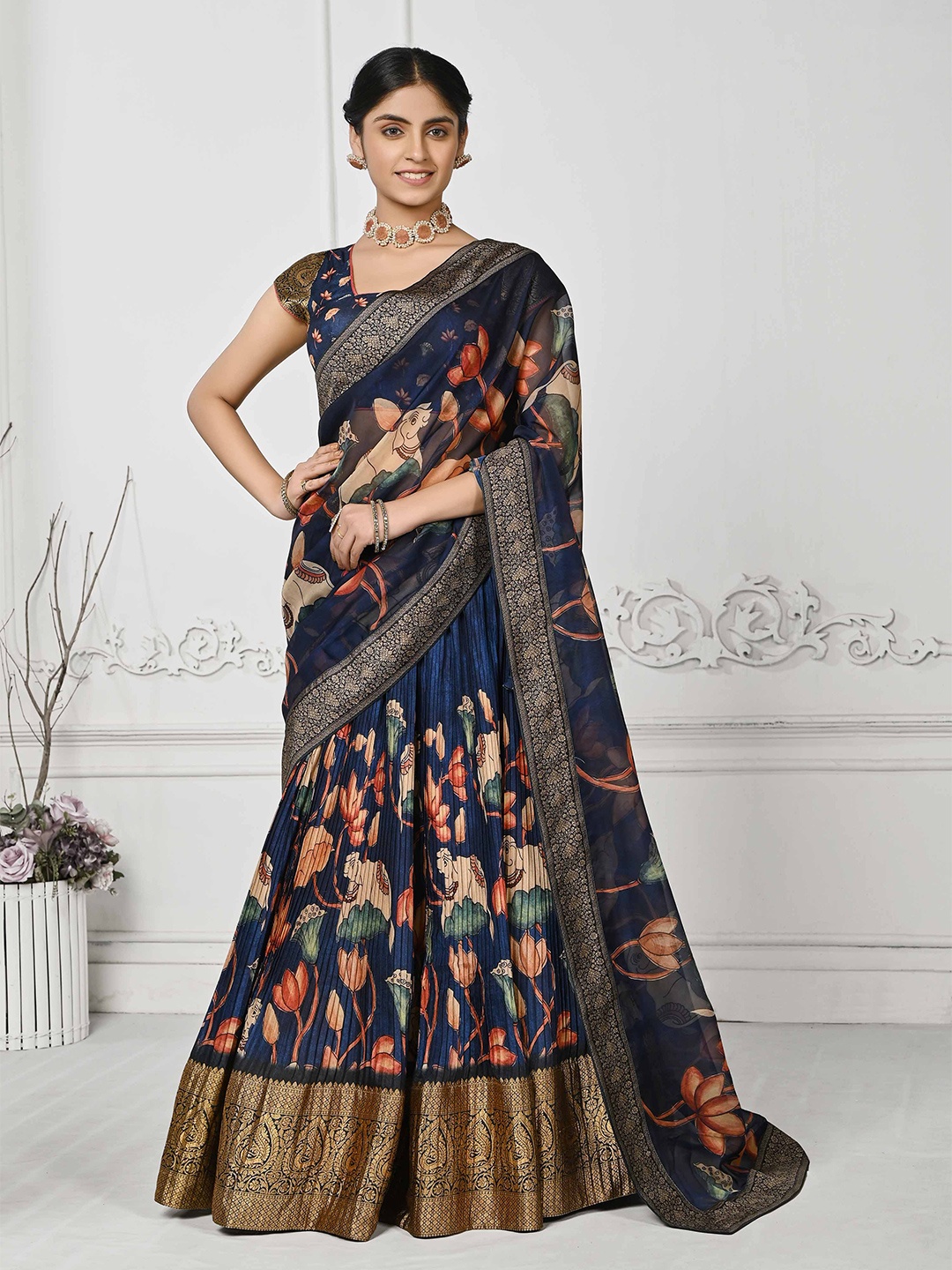 

SAPTRANGI Printed Ready to Wear Lehenga & Blouse With Dupatta, Blue