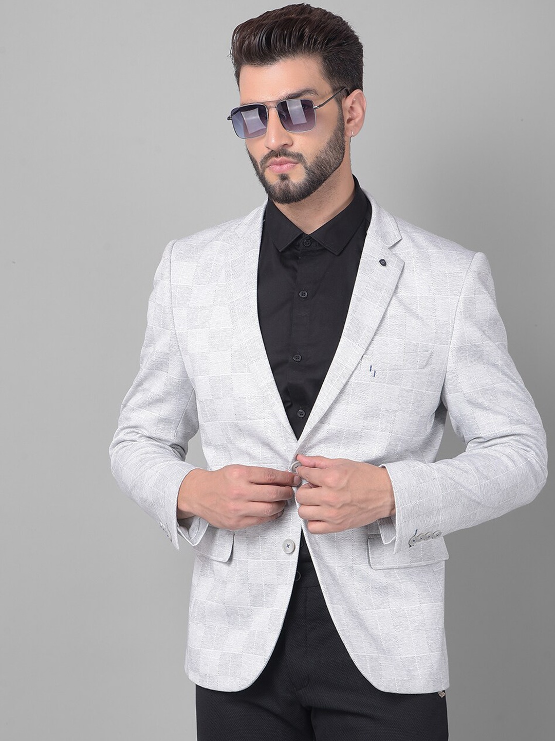 

Crimsoune Club Checked Slim Fit Single-Breasted Blazer, Grey