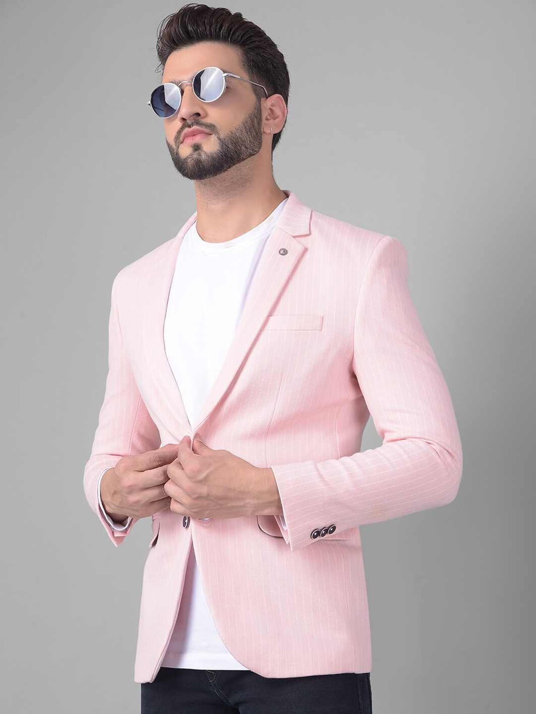 

Crimsoune Club Striped Single Breasted Slim-Fit Casual Blazer, Peach
