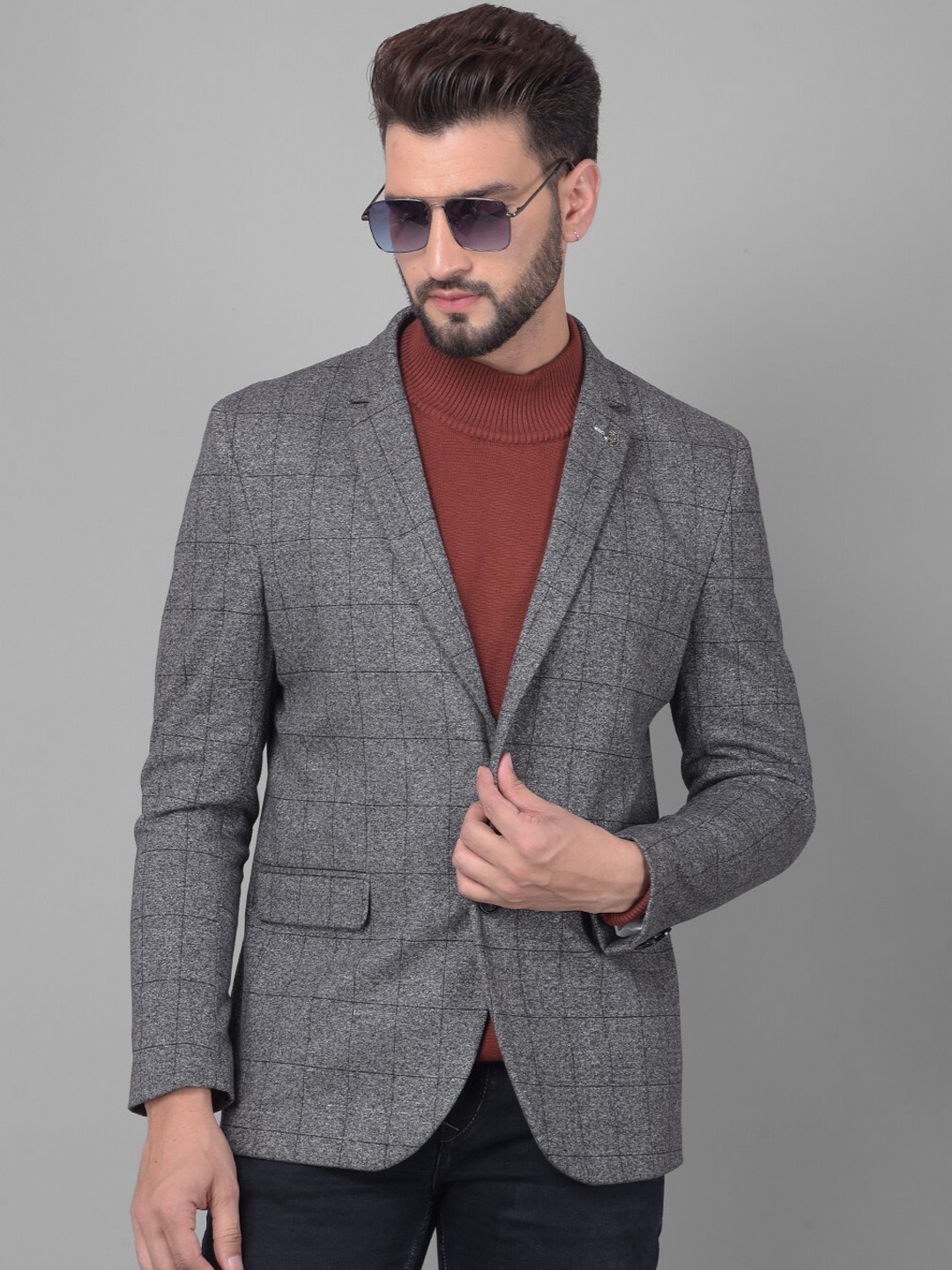 

Crimsoune Club Checked Notched Lapel Single Breasted Slim-Fit Casual Blazer, Grey
