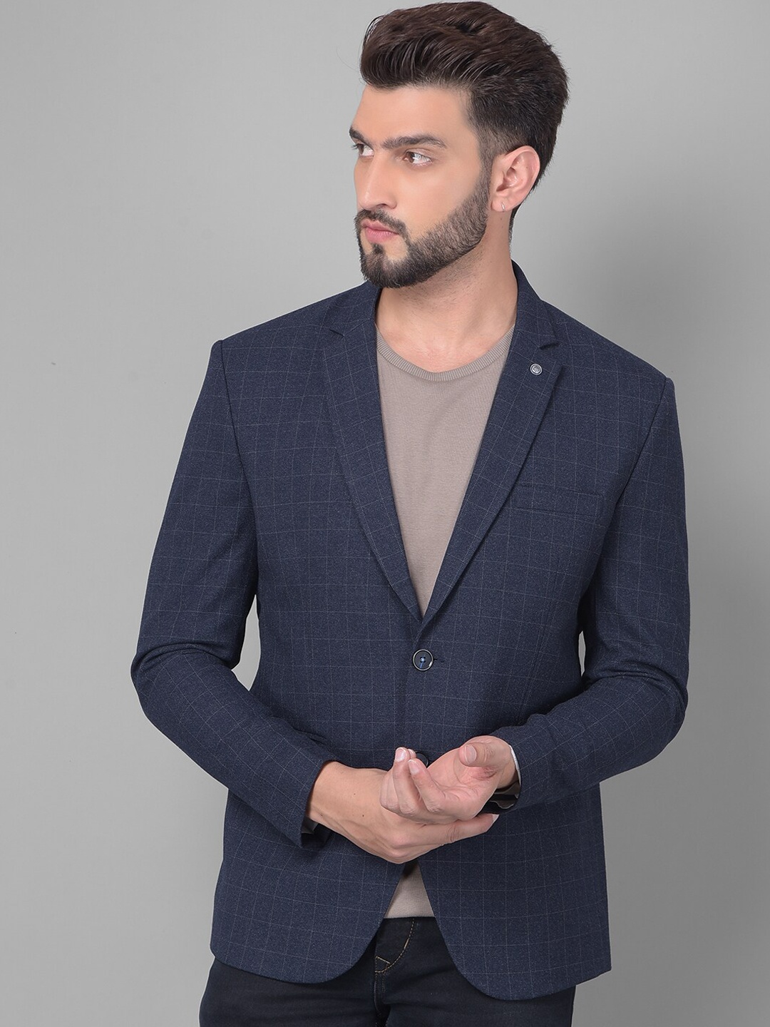 

Crimsoune Club Checked Single Breasted Slim-Fit Casual Blazer, Navy blue