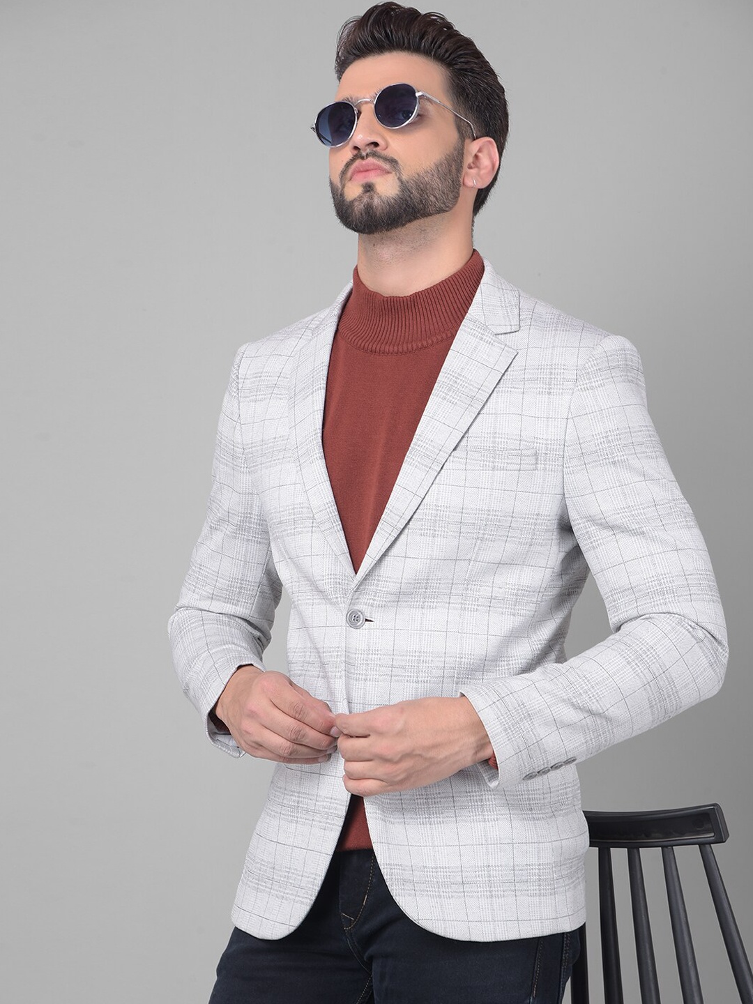 

Crimsoune Club Checked Single-Breasted Slim-fit Casual Blazer, Grey