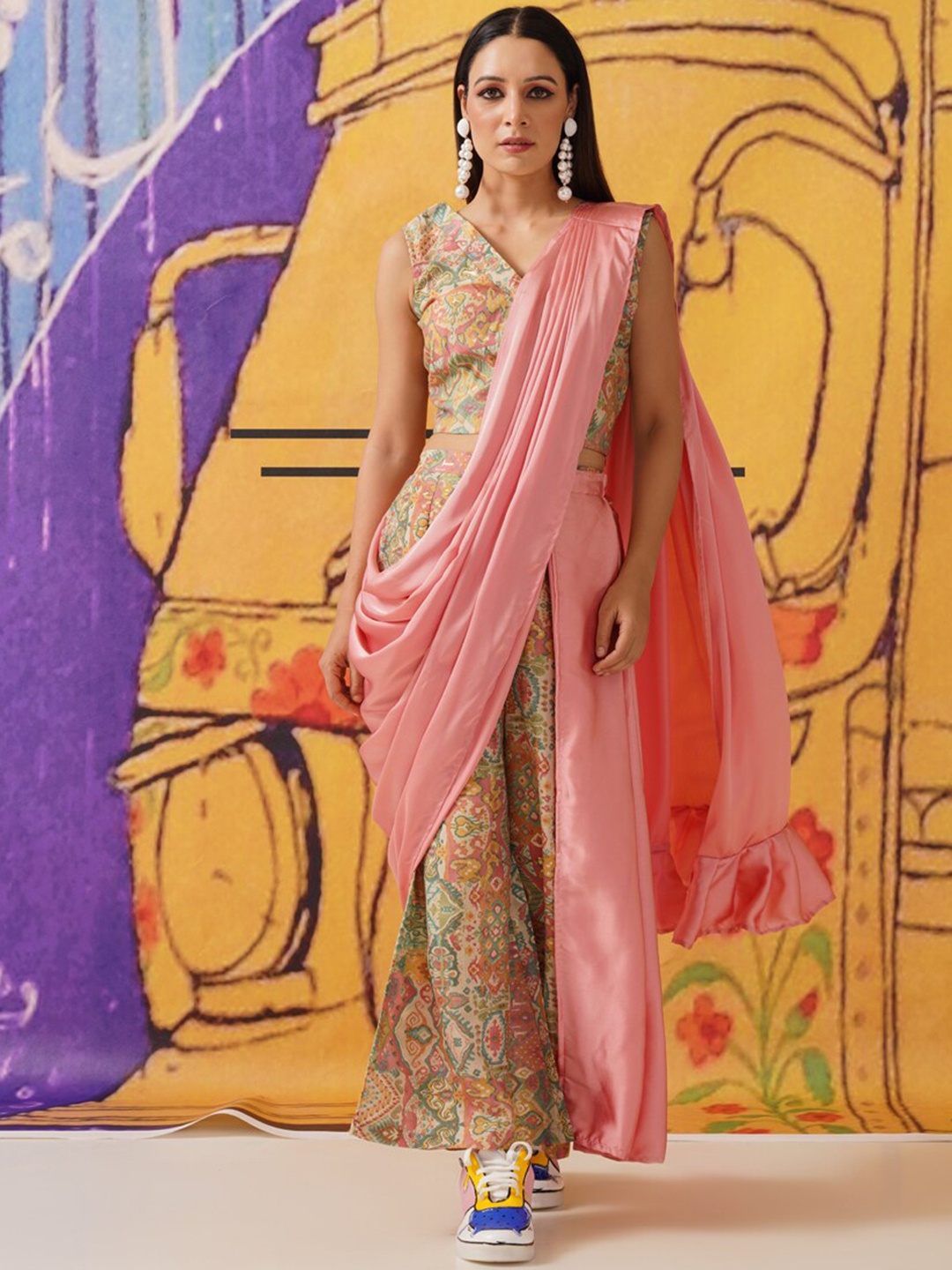 

Tikhi Imli Printed Saree Style Co-Ords Set with Detachable Pallu, Pink