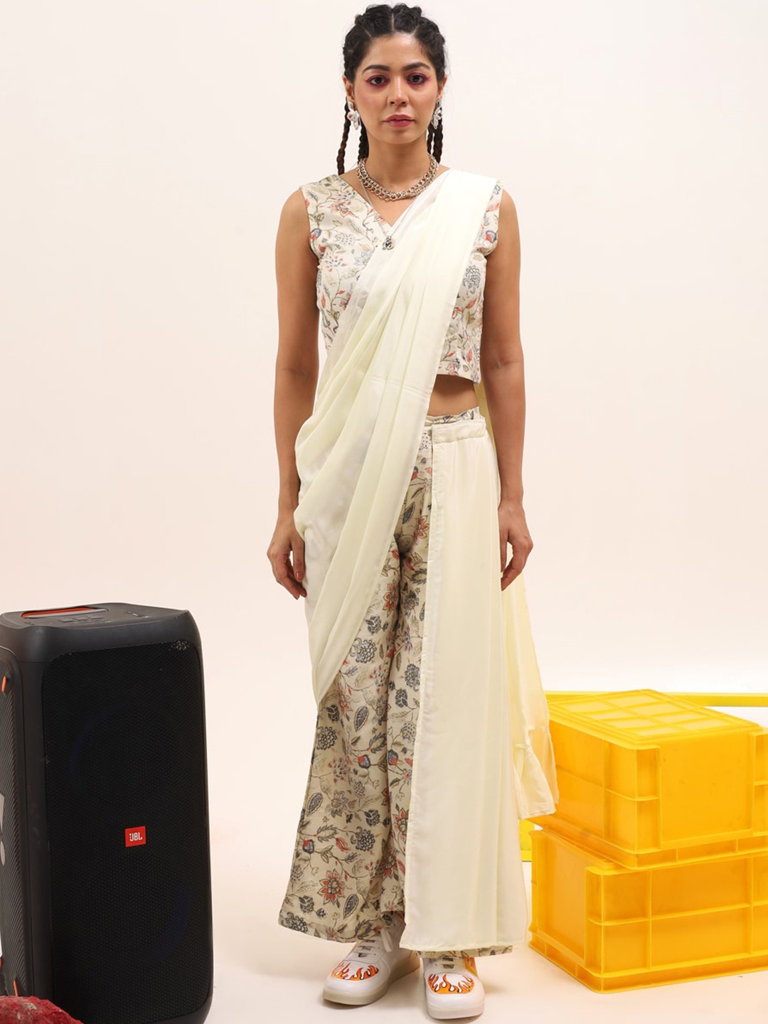 

Tikhi Imli Printed Saree Style Co-Ords Set with Detachable Pallu, White