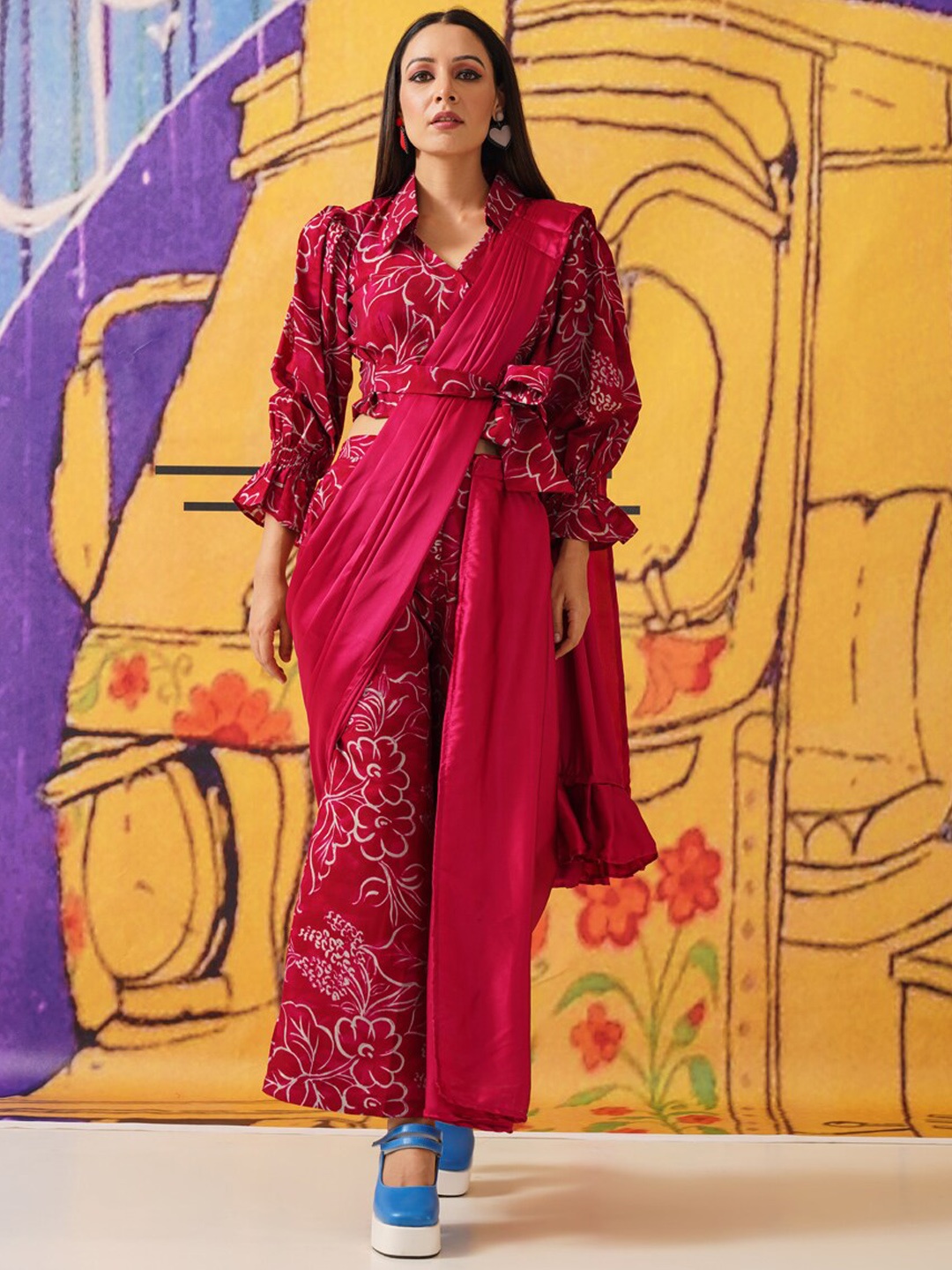 

Tikhi Imli Printed Saree Style Co-Ords Set with Detachable Pallu, Magenta