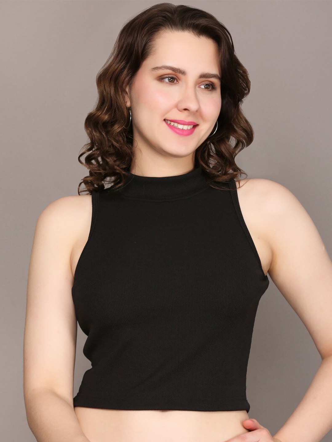 

FERY LONDON High Neck Crop Fitted Top, Black