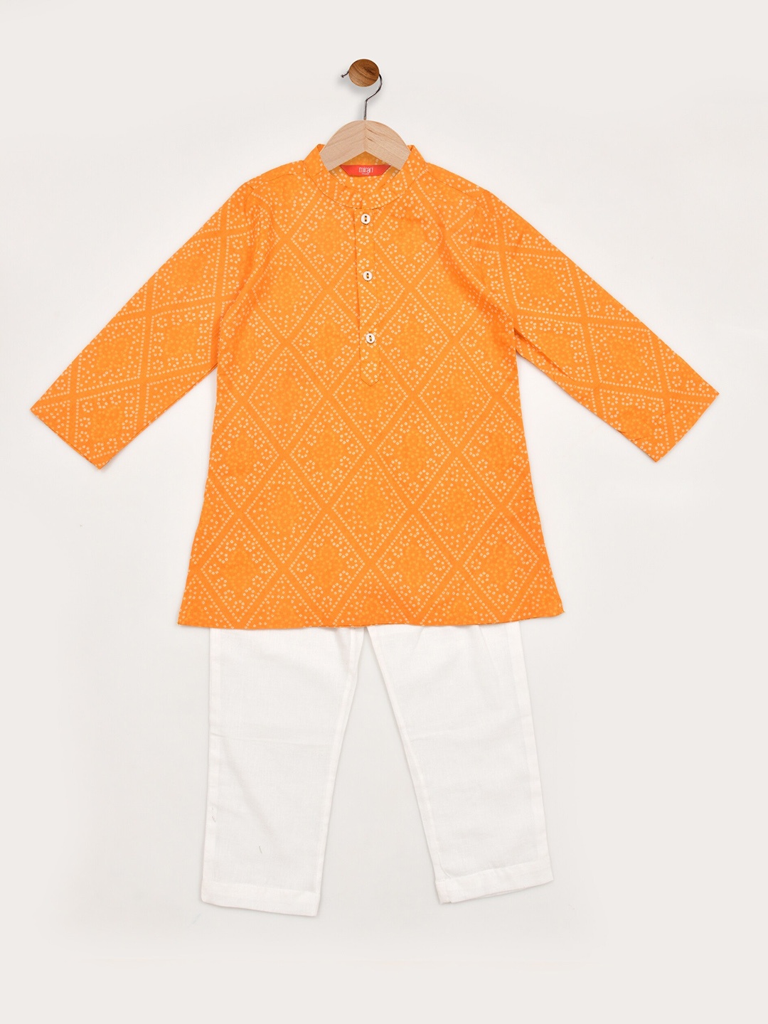 

mirari Boys Orange Bandhani Printed Regular Pure Cotton Kurta with Dhoti Pants