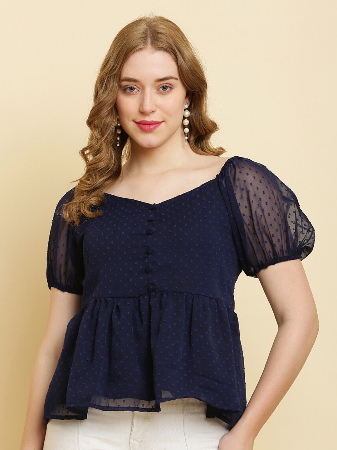 

HERE&NOW Sweetheart Neck Puff Sleeve Chiffon Peplum Top, Navy blue