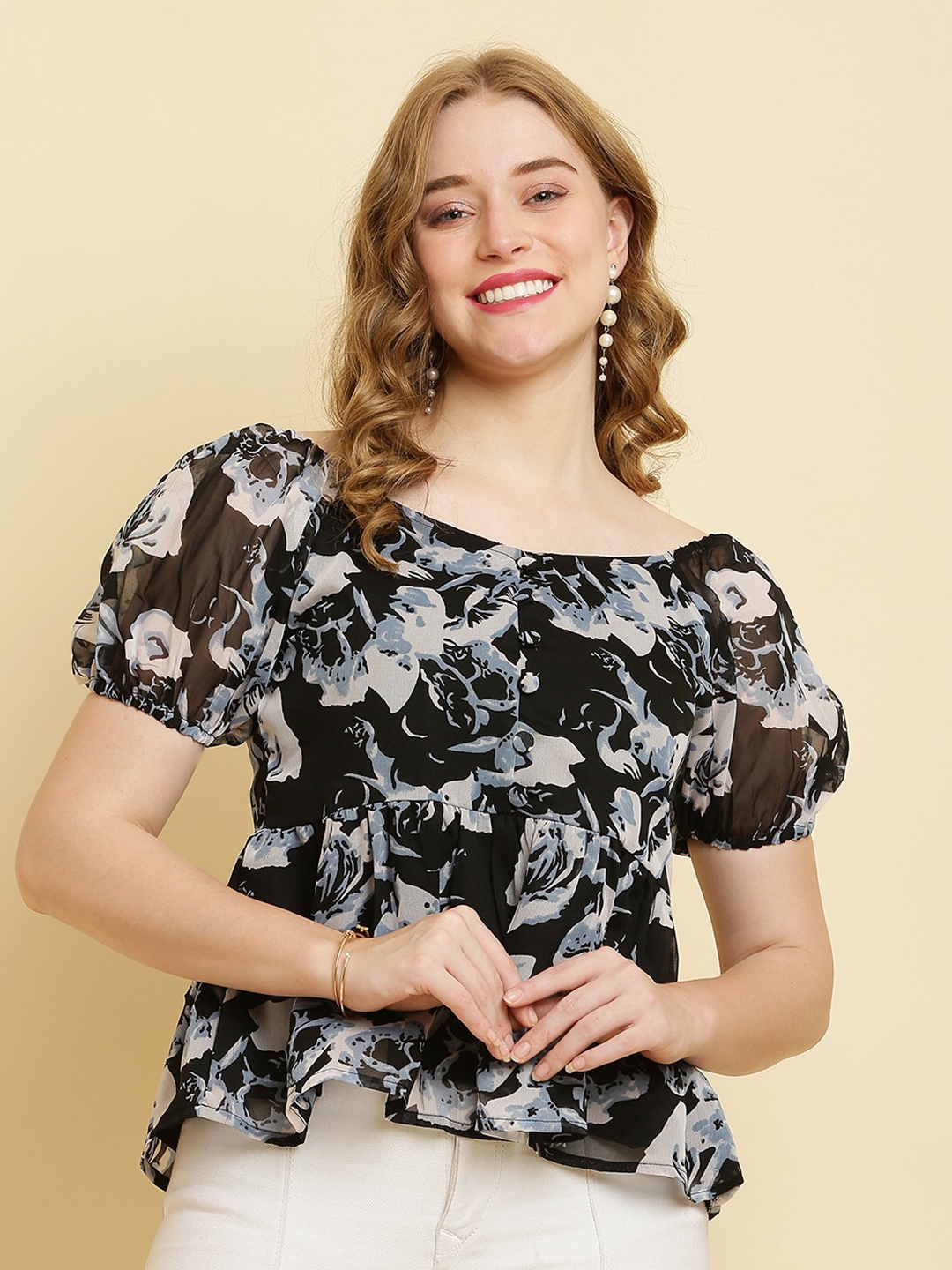

HERE&NOW Floral Printed Sweetheart Neck Puff Sleeve Chiffon Empire Top, Black
