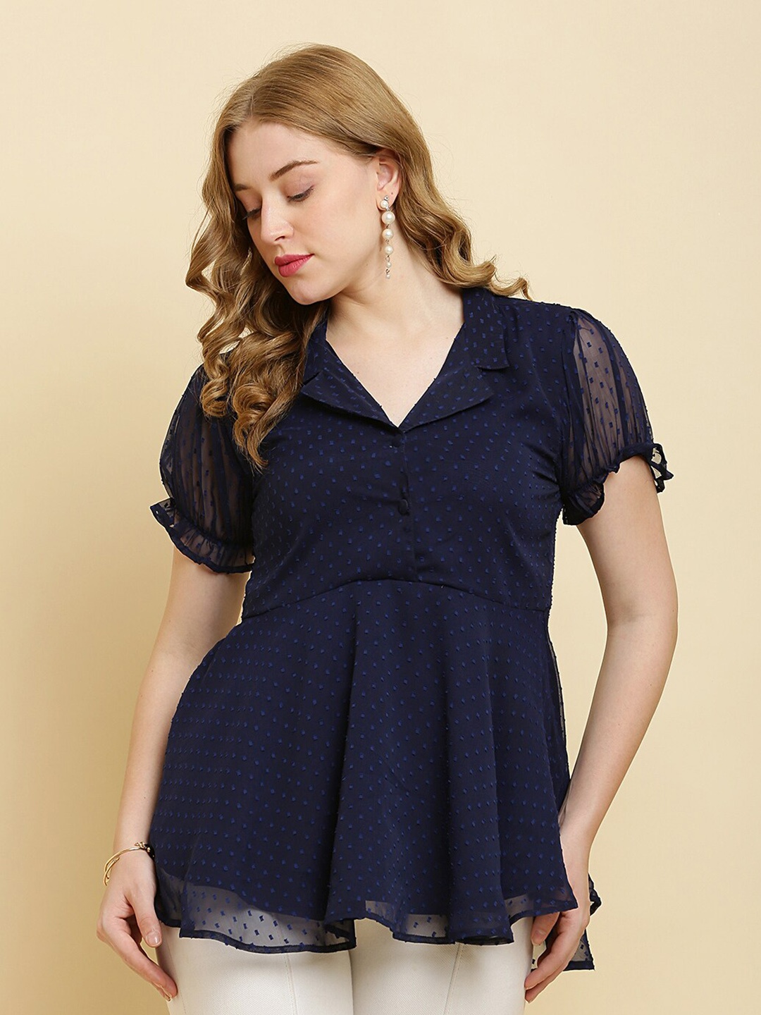 

HERE&NOW Puff Sleeve Chiffon Empire Top, Navy blue