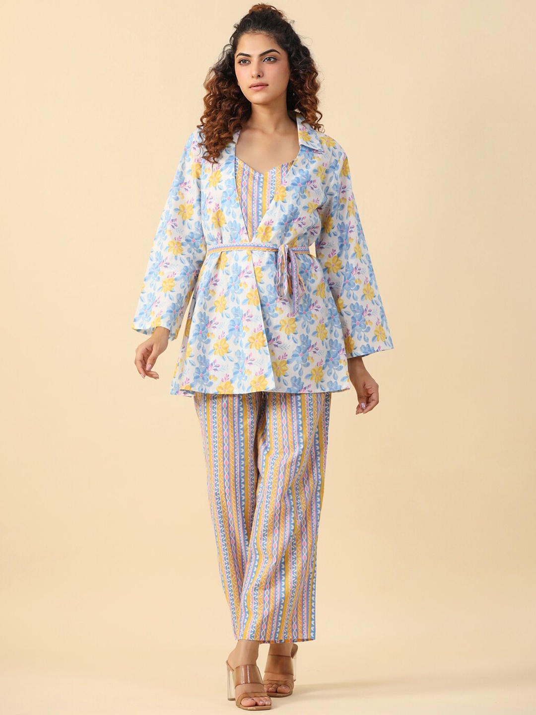 

SANSKRUTIHOMES Bohemian Printed Pure Cotton Night Suit, Blue