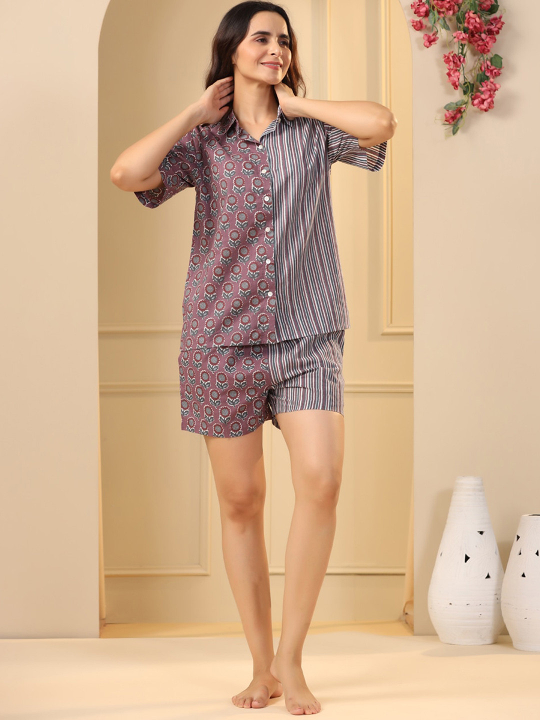 

SANSKRUTIHOMES Floral Printed Pure Cotton Night suit, Magenta