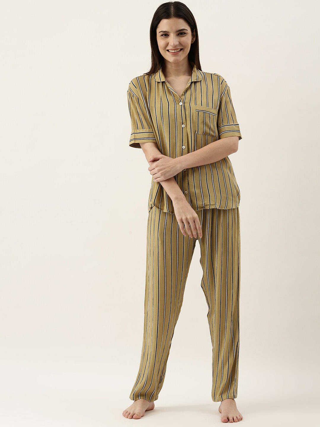 

SANSKRUTIHOMES Striped Lapel Collar Night suit, Olive
