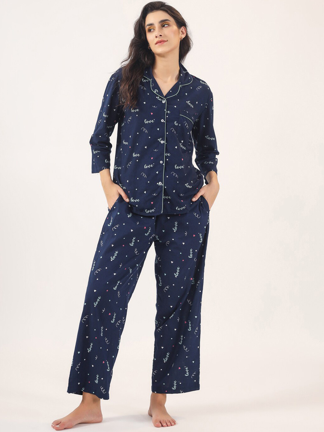 

SANSKRUTIHOMES Conversational Printed Lapel Collar Pure Cotton Night suit, Blue