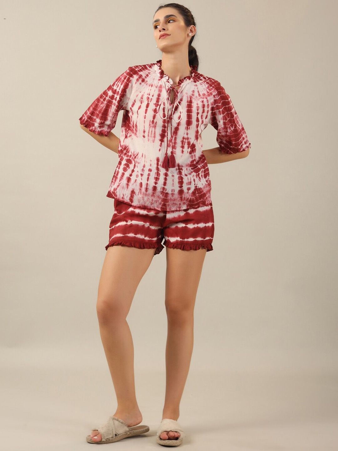 

SANSKRUTIHOMES Tie & Dye Pure Cotton Night suit, Maroon
