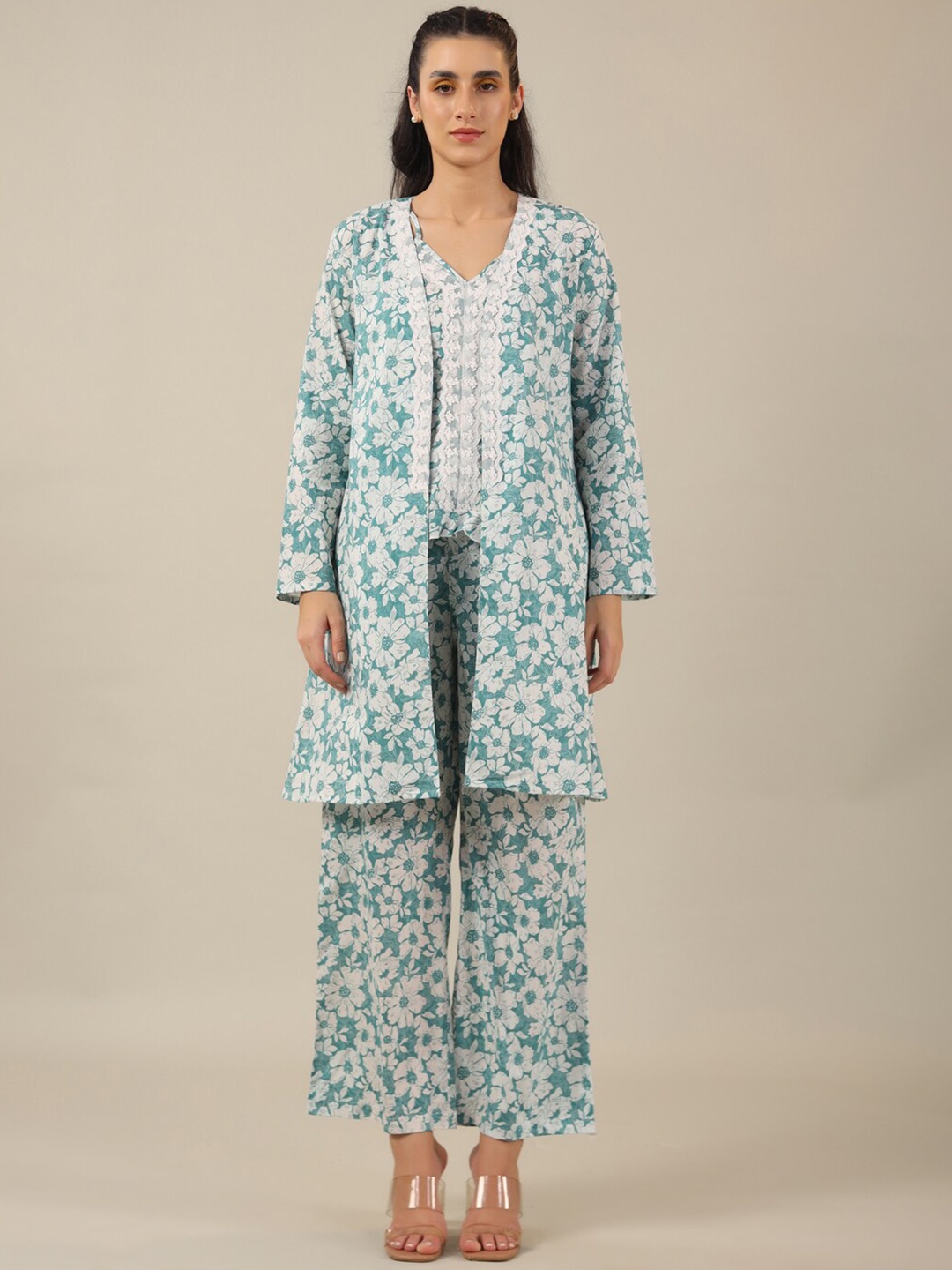 

SANSKRUTIHOMES Floral Printed Pure Cotton Night Suit With Shrug, Blue