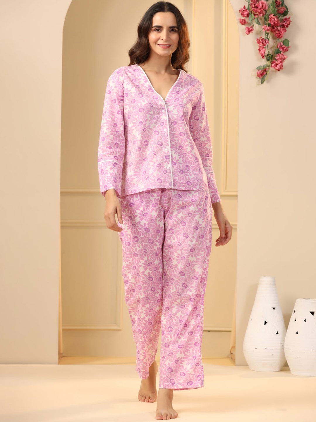 

SANSKRUTIHOMES Floral Printed Pure Cotton Night Suit, Pink