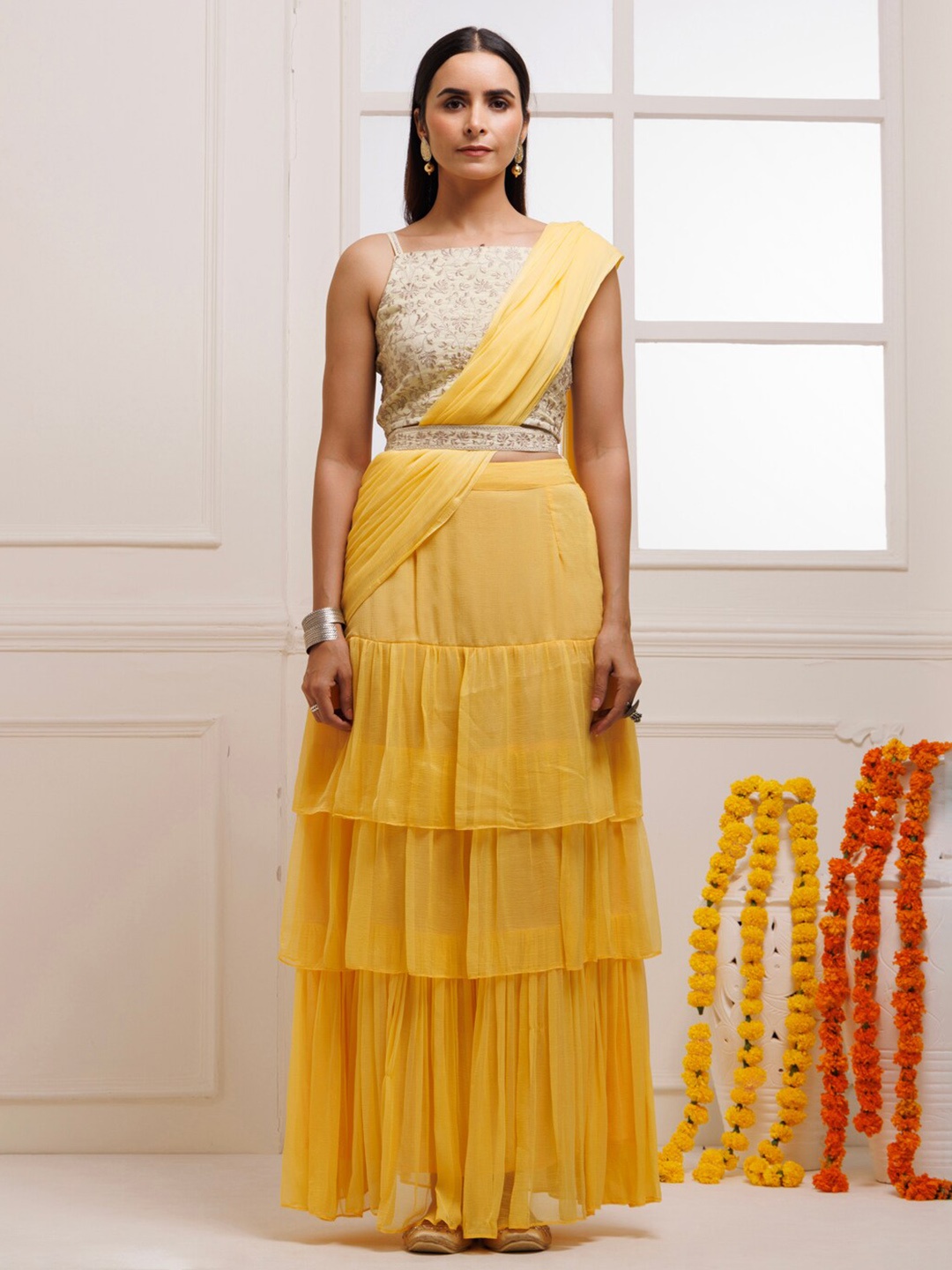 

Geroo Jaipur Ready To Wear Saree With Stitched Blouse, Yellow
