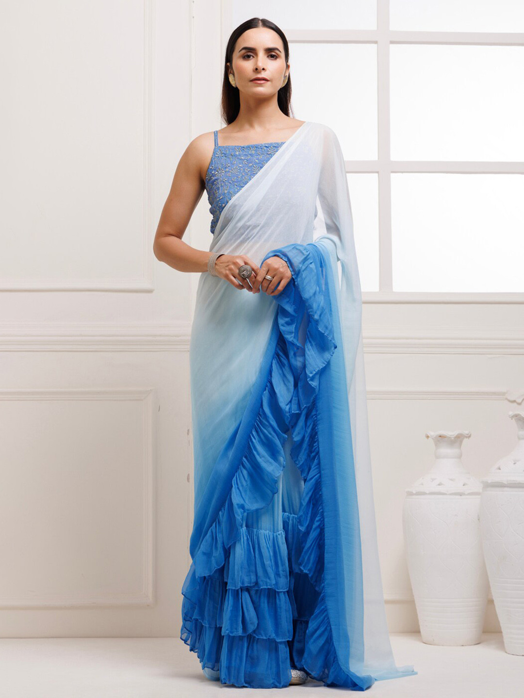 

Geroo Jaipur Ombre Ready To Wear Saree With Stitched Blouse, Blue
