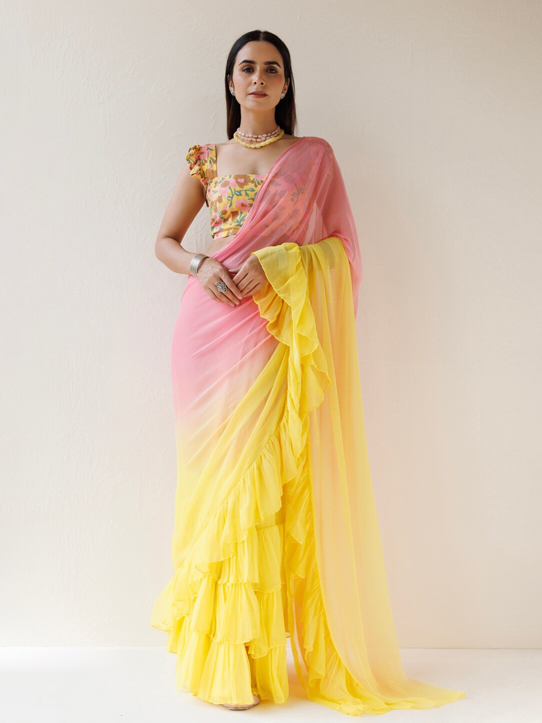 

Geroo Jaipur Ombre Ready to Wear Saree, Yellow