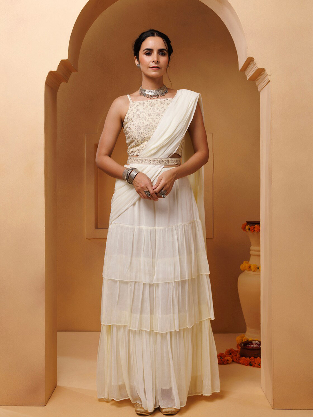 

Geroo Jaipur Ready To Wear Saree With Stitched Blouse, Off white