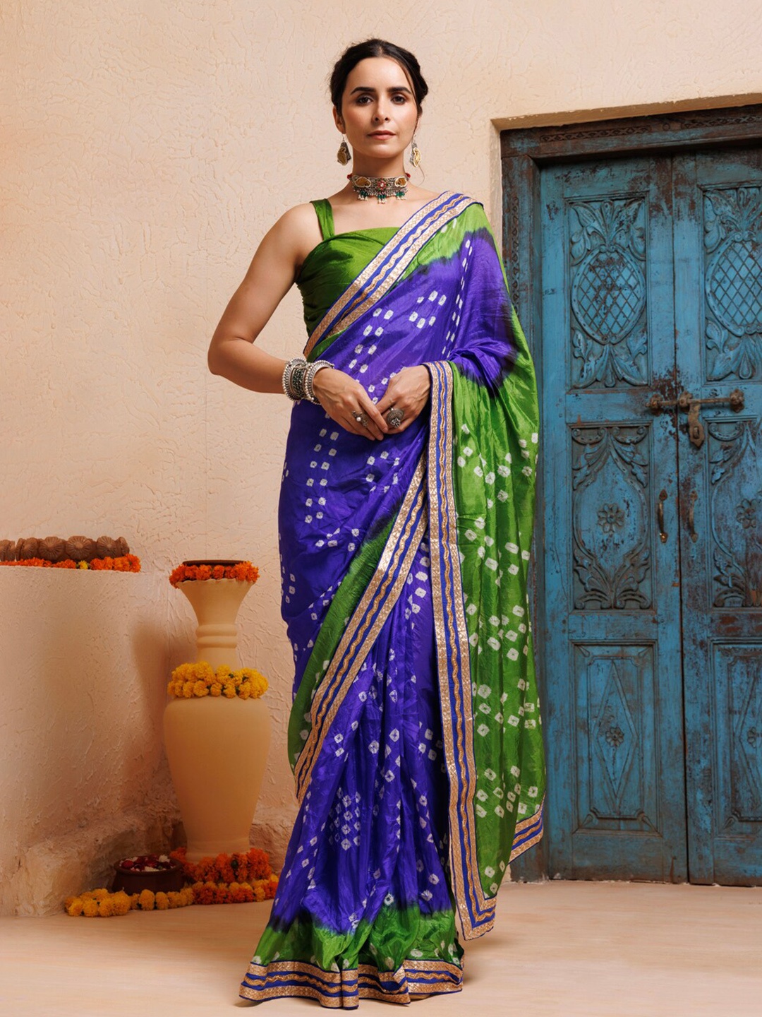 

Geroo Jaipur Bandhani Printed Ready to Wear Saree, Blue