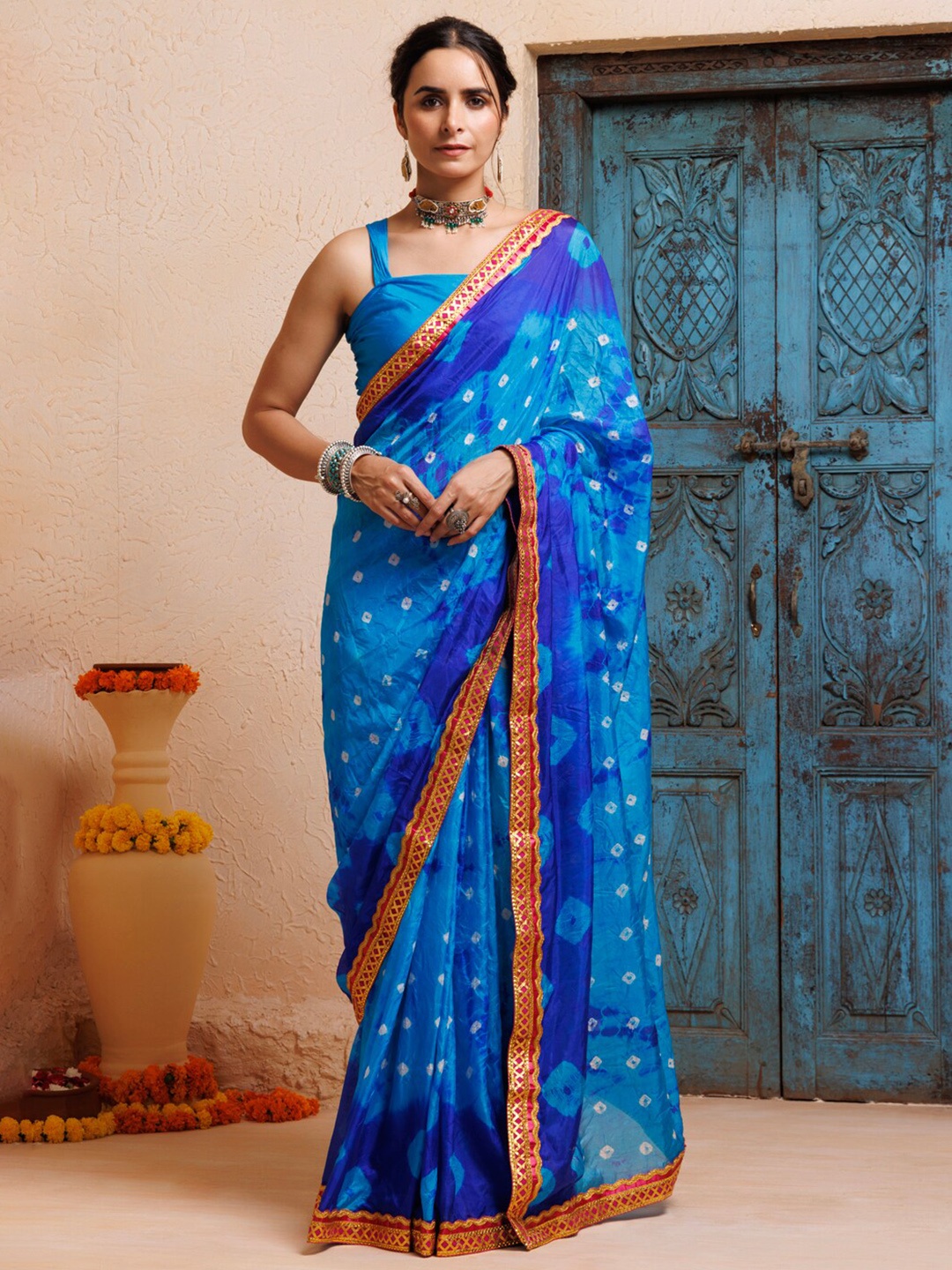 

Geroo Jaipur Bandhani Printed Ready to Wear Saree, Blue