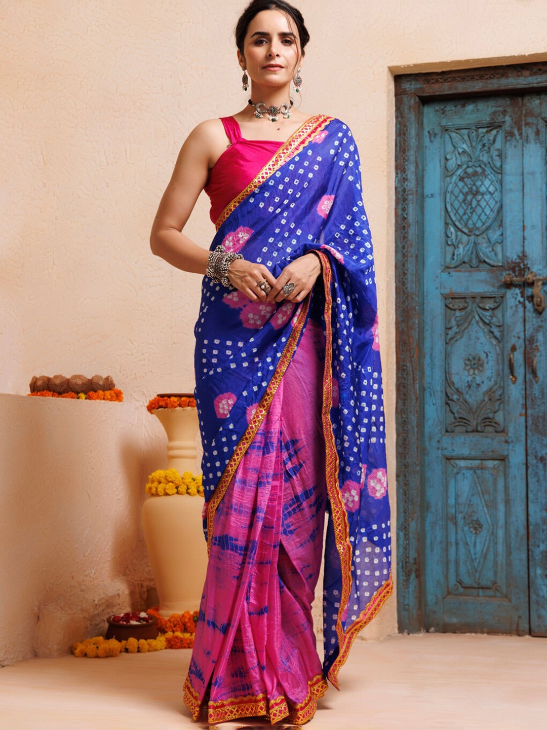 

Geroo Jaipur Bandhani Printed Ready to Wear Saree, Pink