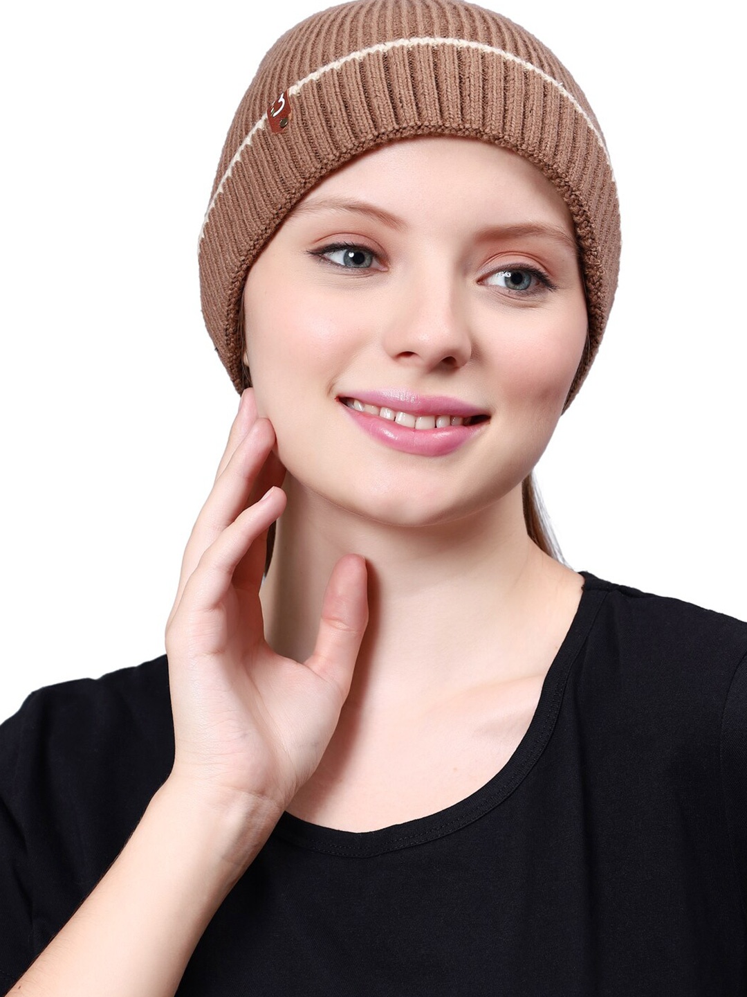 

Bharatasya Women Self Design Acrylic Beanie, Brown