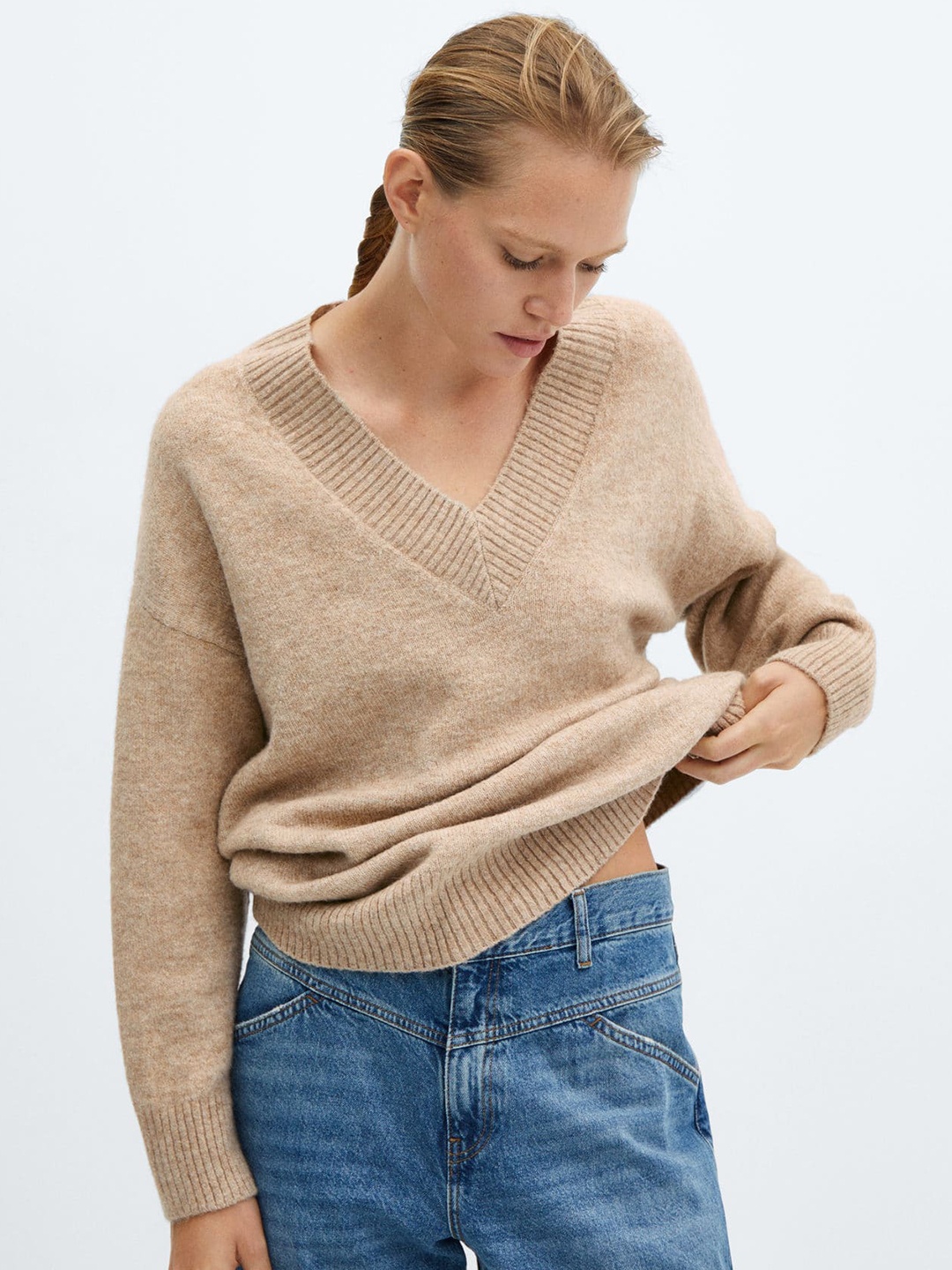 

MANGO Oversized Longline Pullover, Beige