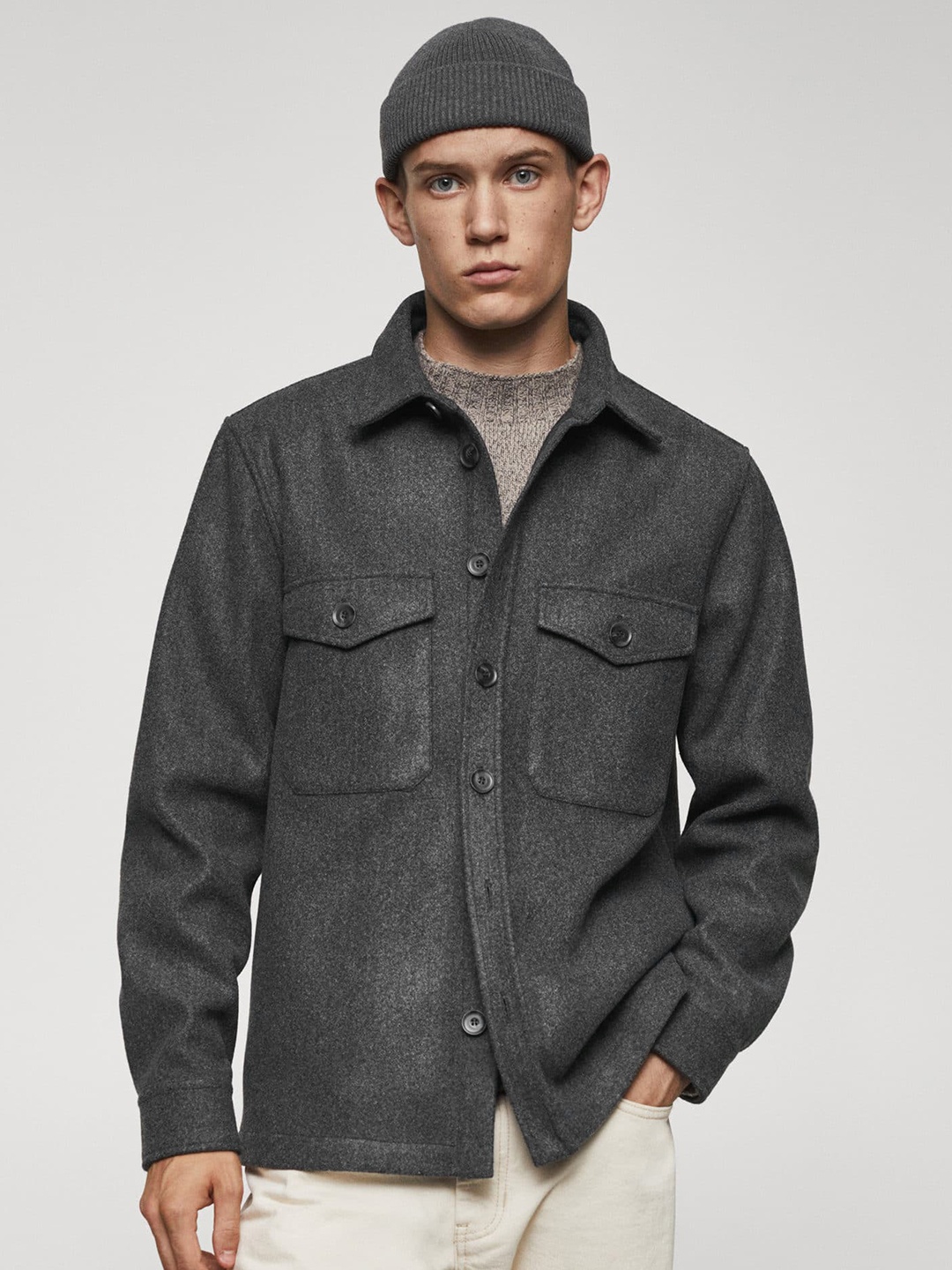

MANGO MAN Flap Pockets Detailed Flannel Opaque Casual Shacket, Charcoal