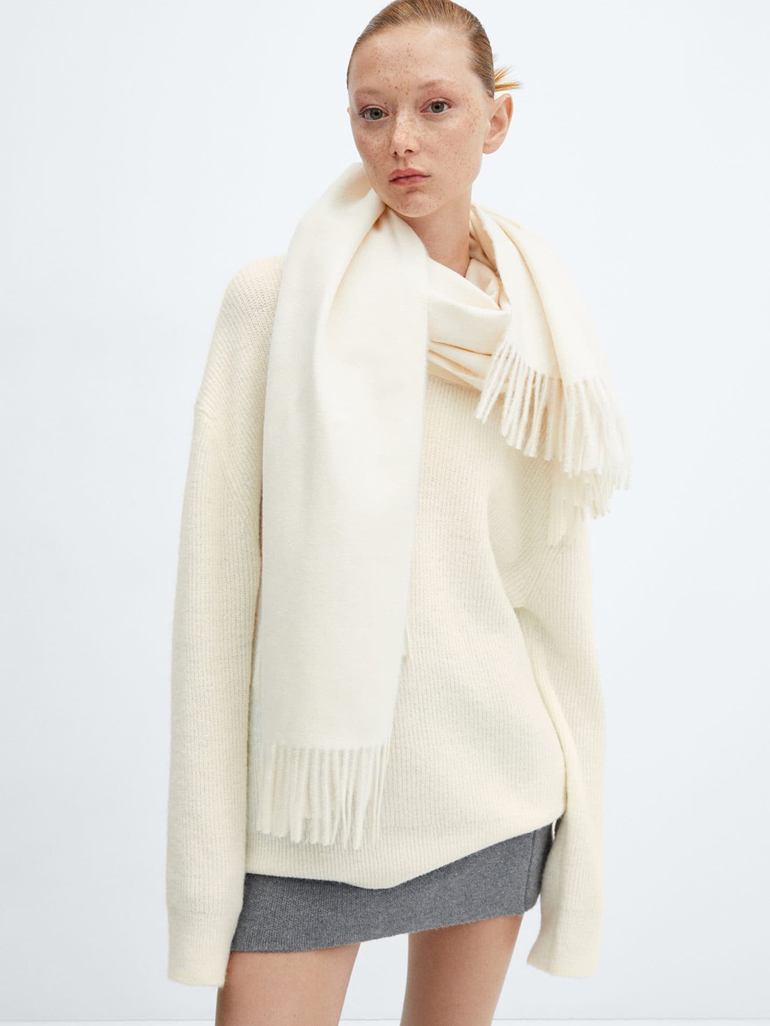 

MANGO Ribbed Longline Pullover, Off white