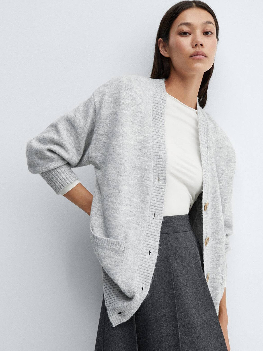 

MANGO Oversized Longline Cardigan, Grey melange