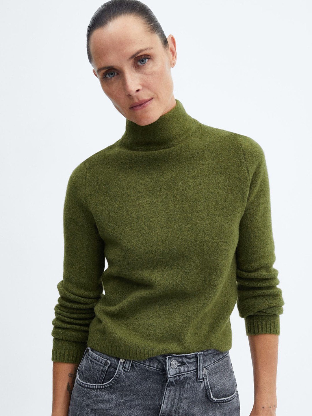 

MANGO Women Solid Pullover, Olive