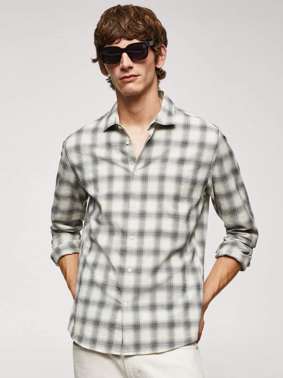 

MANGO MAN Slim Fit Checked Casual Shirt, Cream