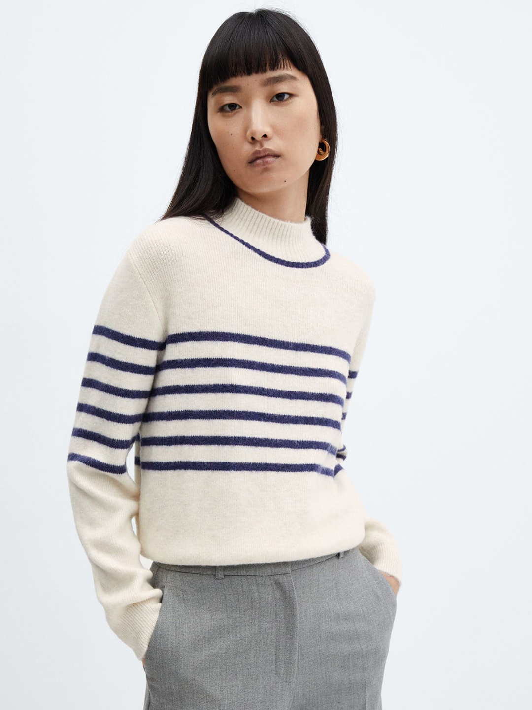 

MANGO Women Striped Pullover, Grey