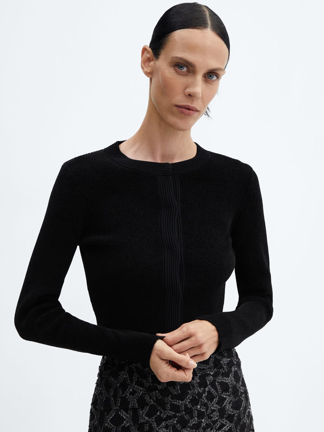 

MANGO Ribbed Velvet Cardigan, Black