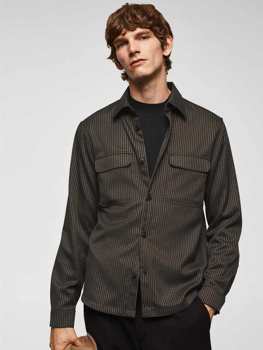 

MANGO MAN Micro Checks Printed Opaque Checked Casual Shacket, Brown