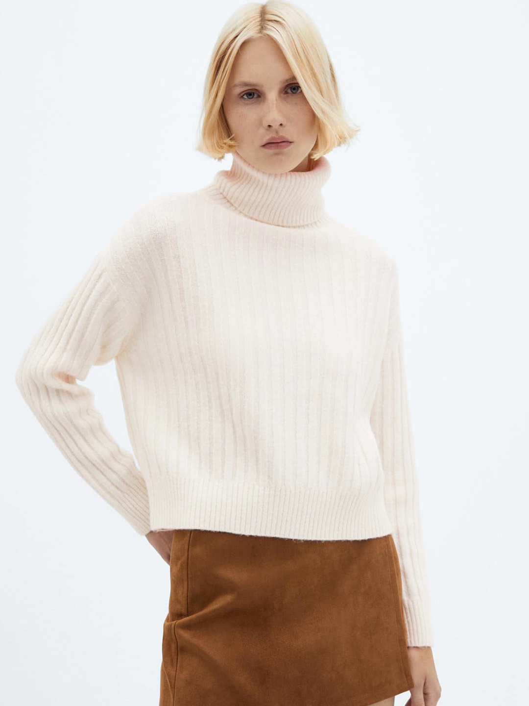 

MANGO Turtle Neck Drop-Shoulder Sleeves Ribbed Pullover, Off white